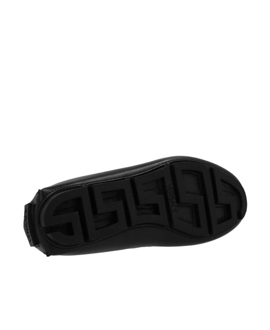 Versace Logo Plaque Leather Loafers In Black