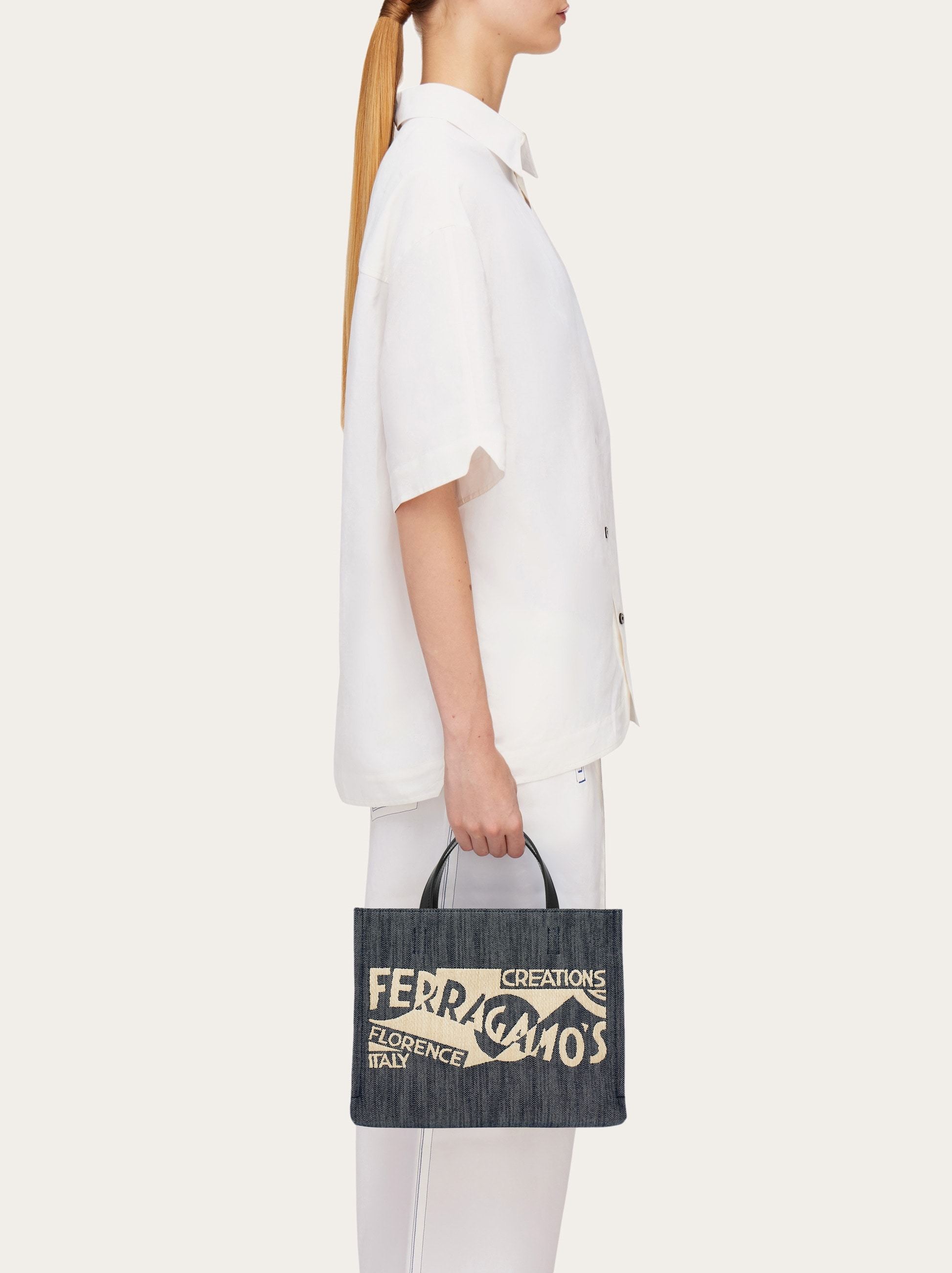 Ferragamo Blue Denim Large Tt Sign Shopping Bag In Black