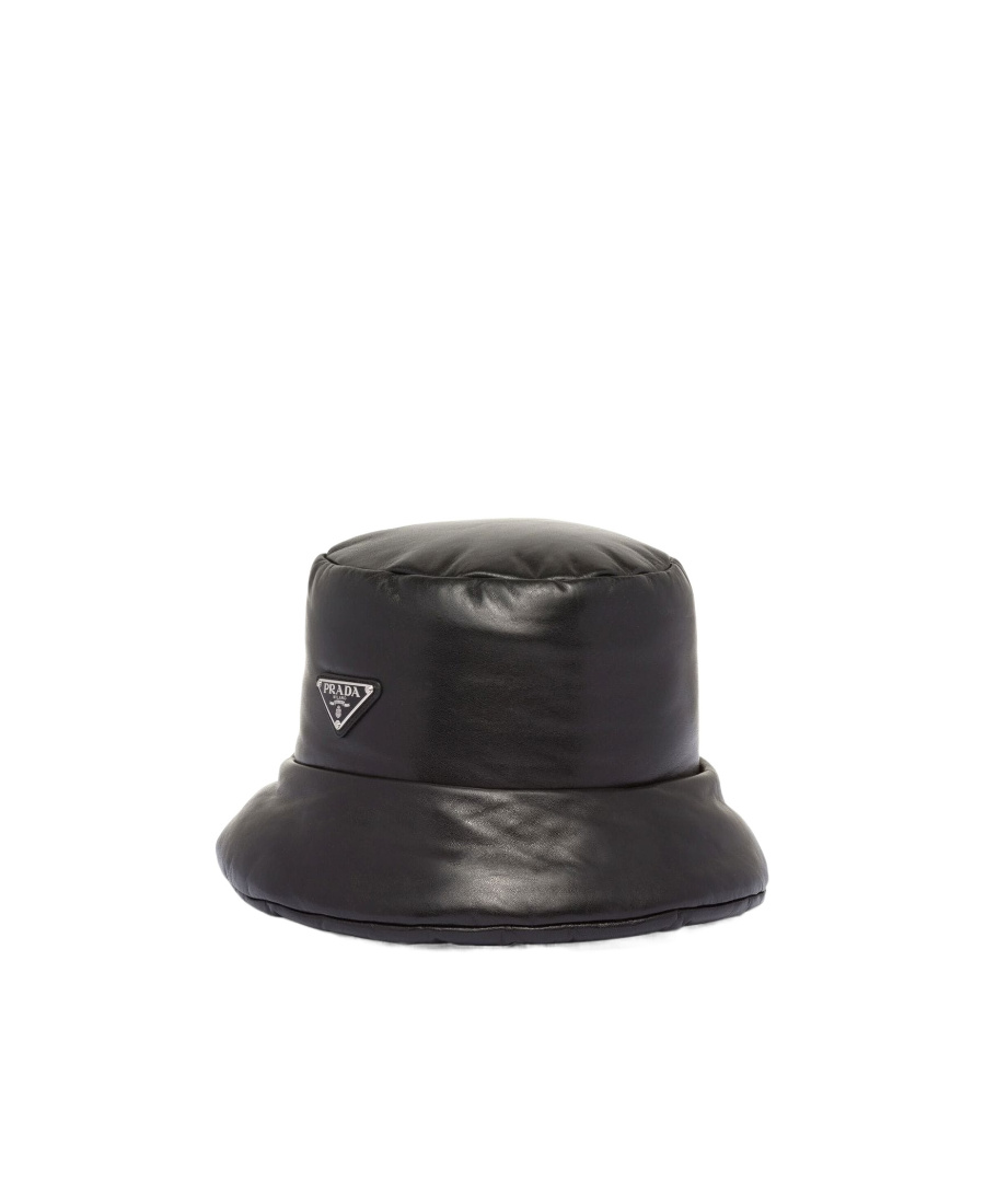 Prada Enamelled-logo Nappa Leather Bucket Hat In Black