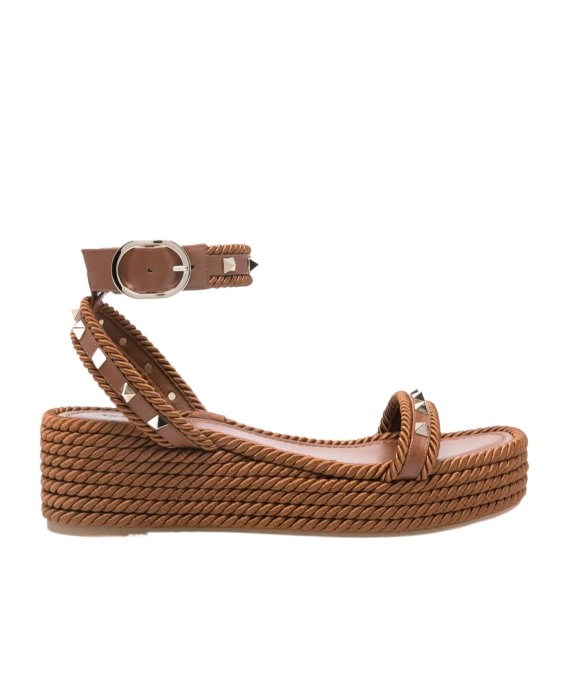 Valentino Studded Leather Cork Wedge Sandals In Brown