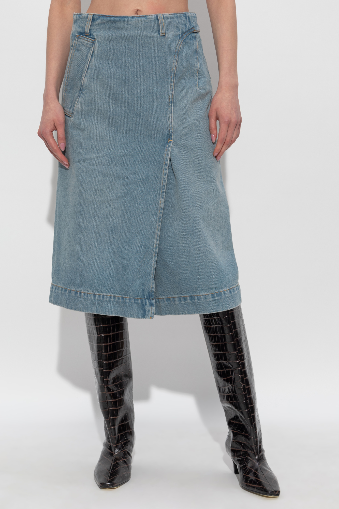 Victoria Beckham Blue Wrap Detail Denim Midi Skirt In Gray