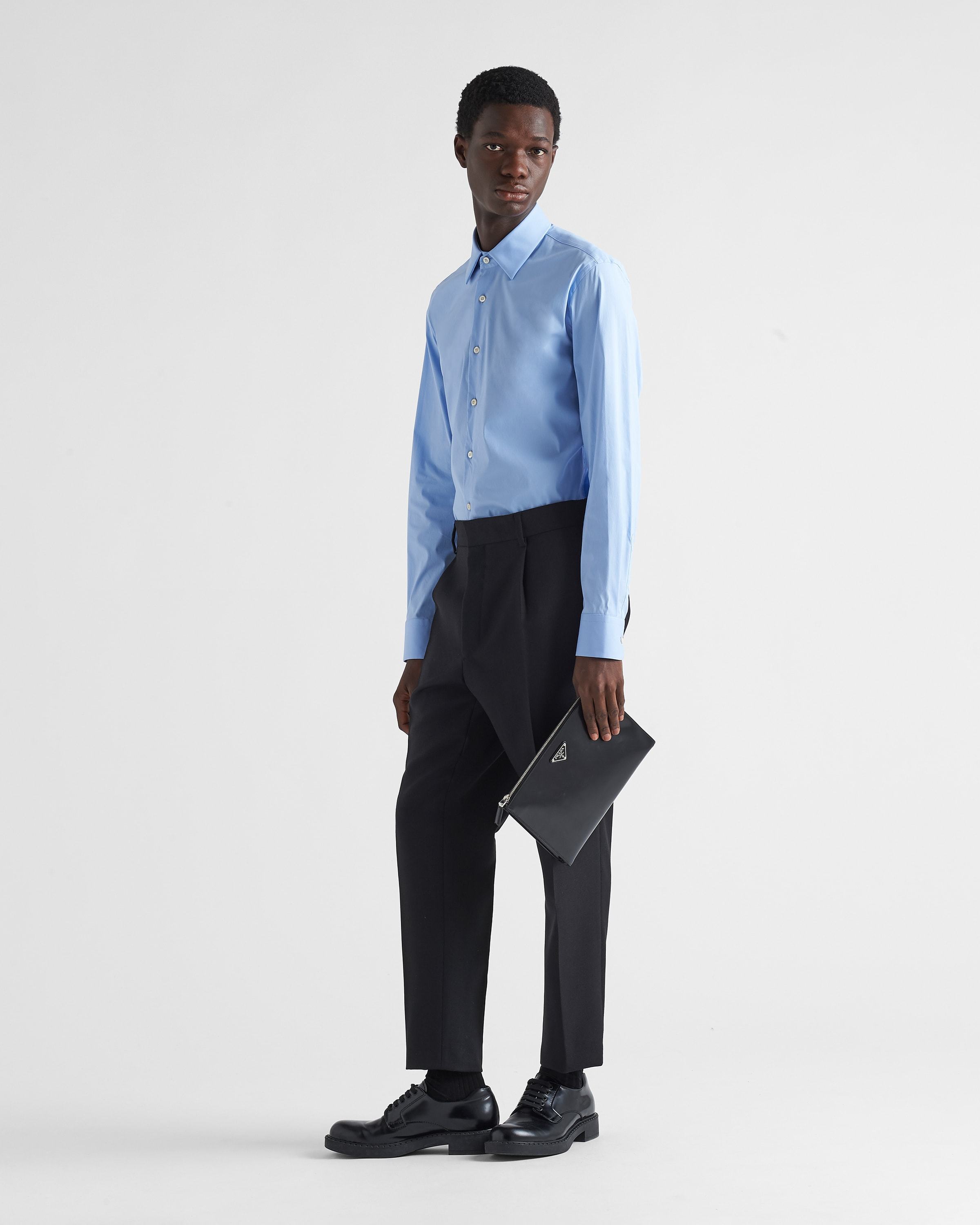 Prada Button-down Collar Poplin Shirt With Cuffed Sleeves In Blue