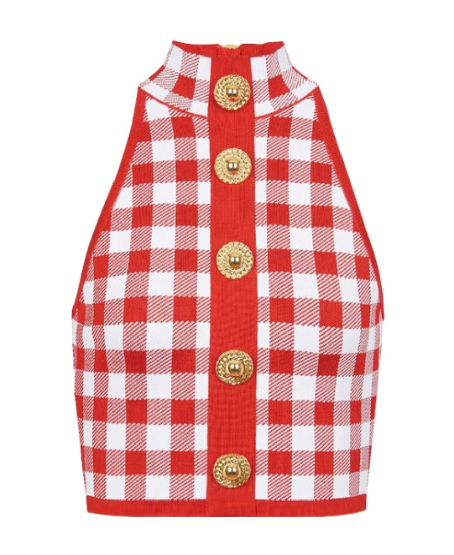 Balmain Cropped Button-embellished Gingham Knitted Top In Red