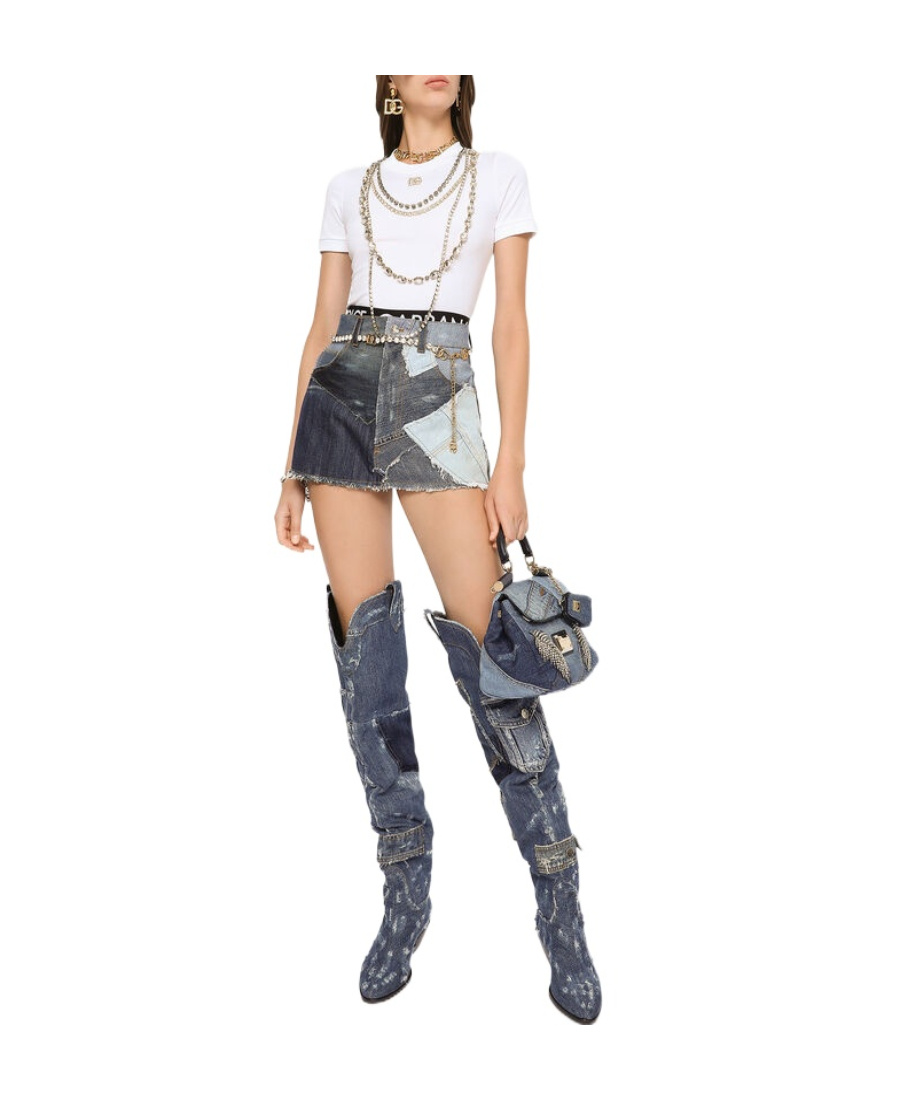 Dolce & Gabbana Patchwork-detail Denim Skirt In Gray