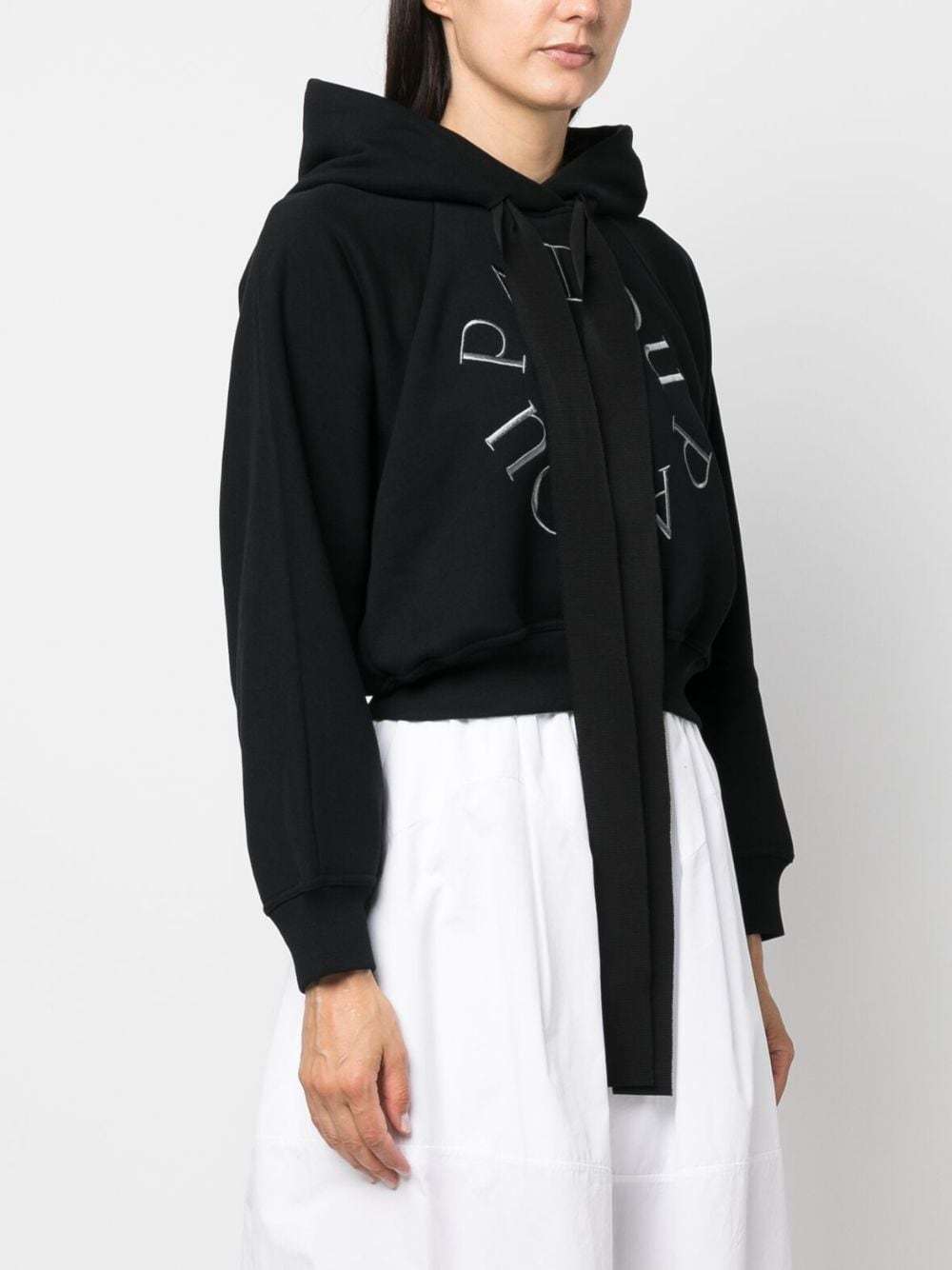 Patou Black Cotton Cropped Medallion Hoodie With Logo Embroidery In Black