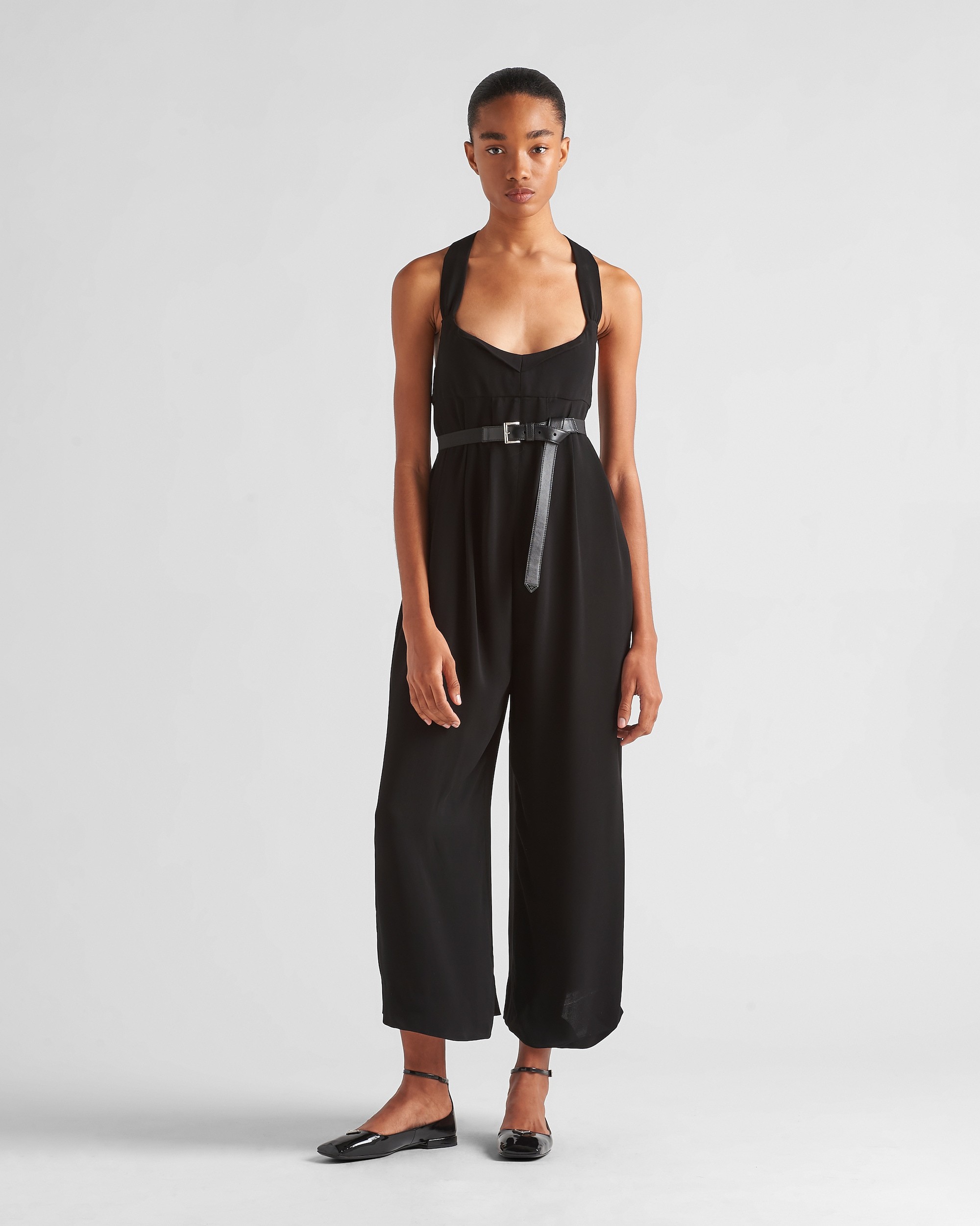 Prada Leather Belted Wide-leg Crepe Jumpsuit In Black