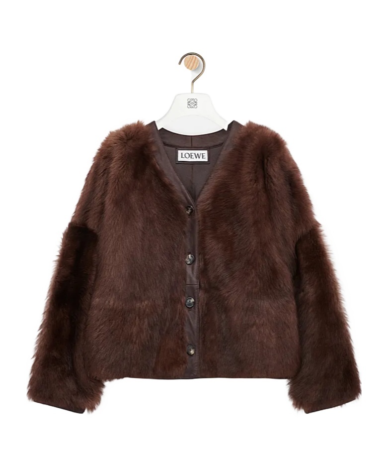 Loewe Lamb Shearling V-neck Cardigan In Brown
