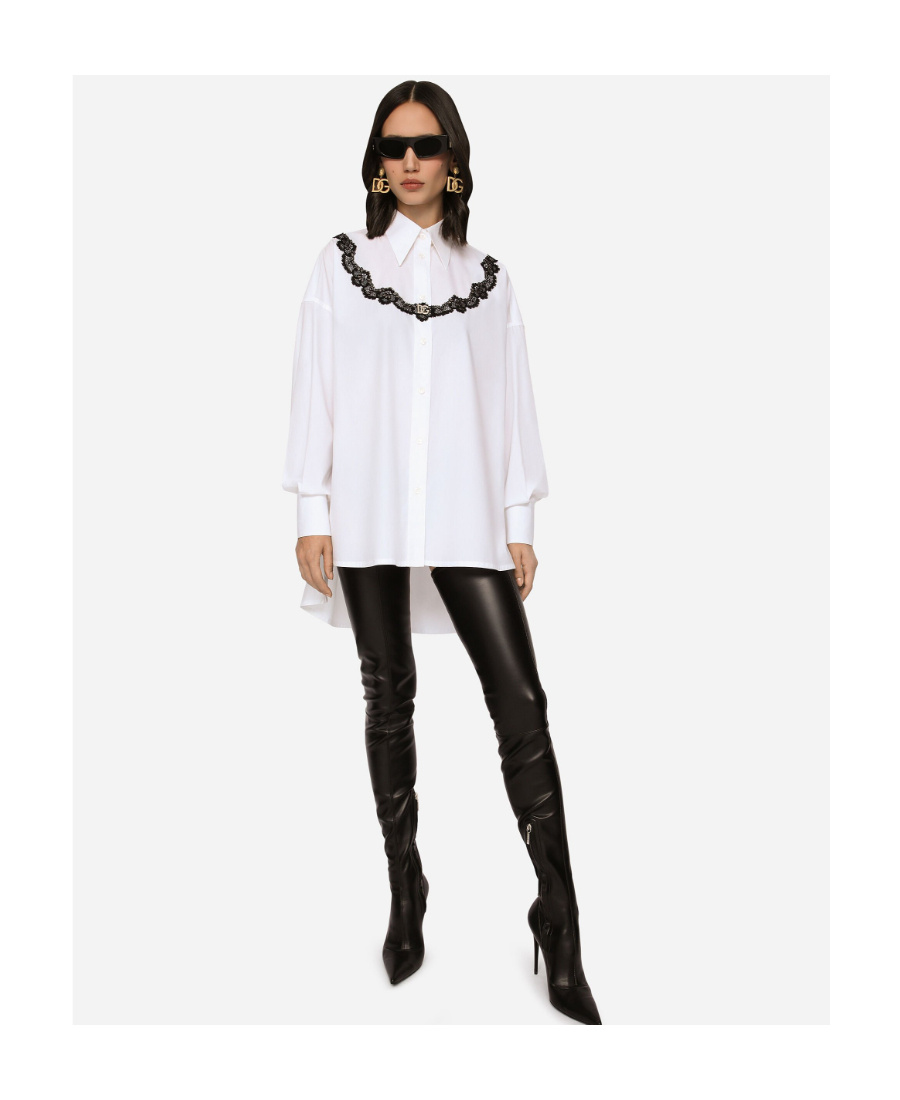 Dolce & Gabbana Dolce&gabbana Oversize Lace Yoke High-low Cotton Blend Button-up Shirt In White