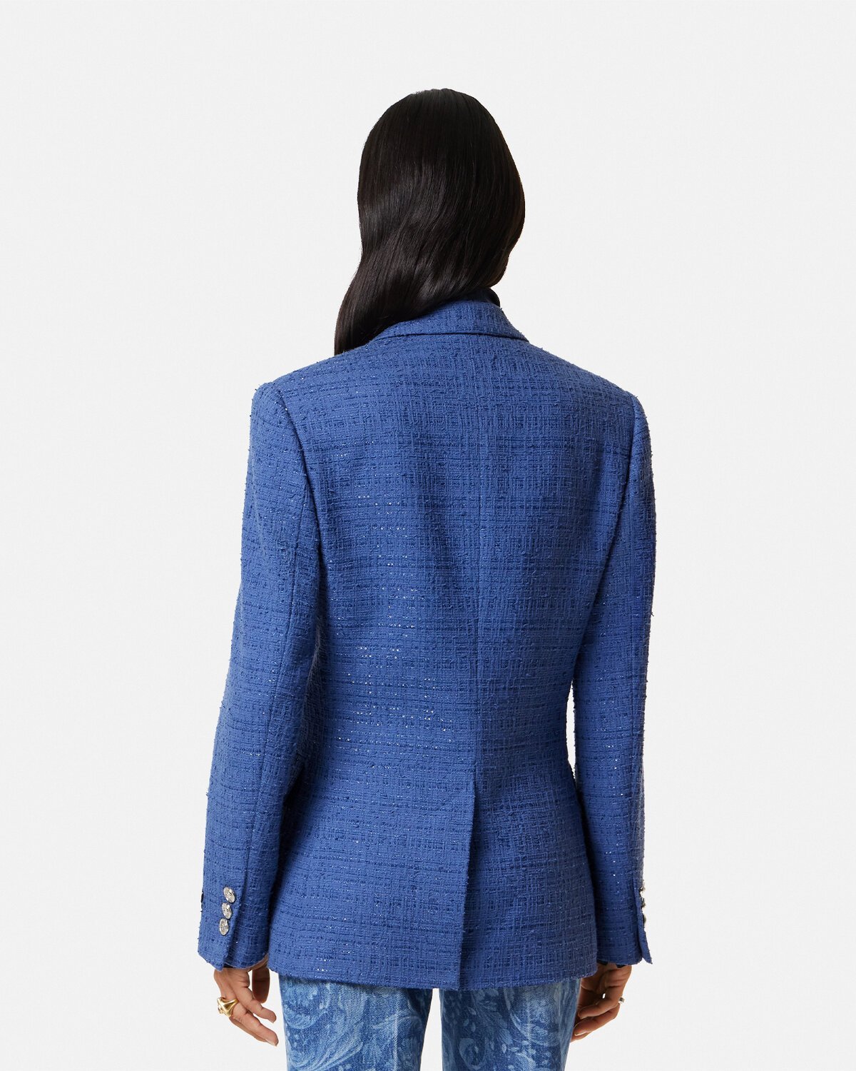 Shop Versace Metallic-threading Double-breasted Blazer In Blue