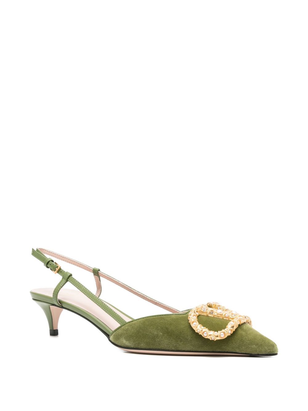 Valentino Signature Velvet Slingback Pumps Embellished Buckle In Green