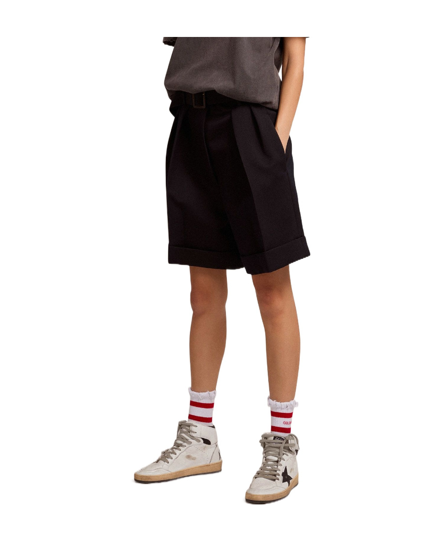 GOLDEN GOOSE GOLDEN COLLECTION SHORTS IN BLACK WOOL GABARDINE WITH BELT AT THE WAIST