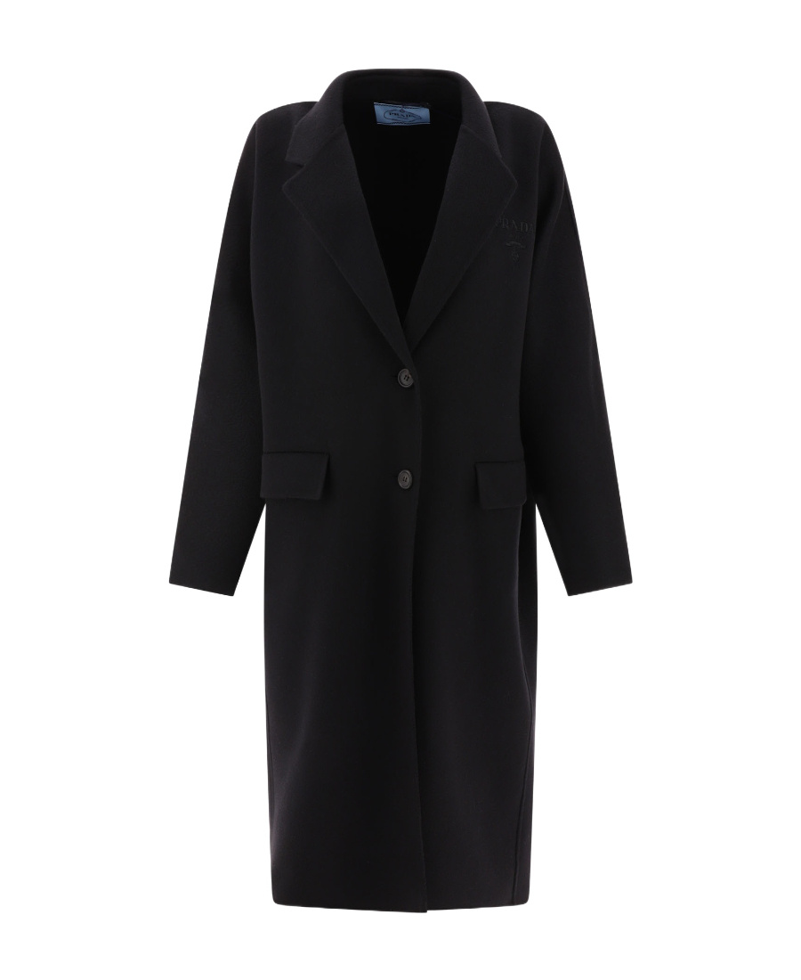 Prada Logo-embroidered Cashmere Coat In Black