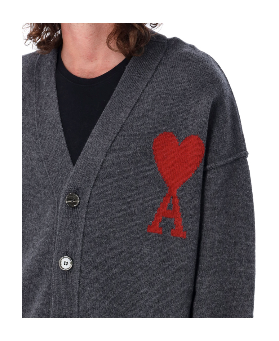 Ami Alexandre Mattiussi Heather Grey Wool Cardigan With Embroidered Logo In Gray