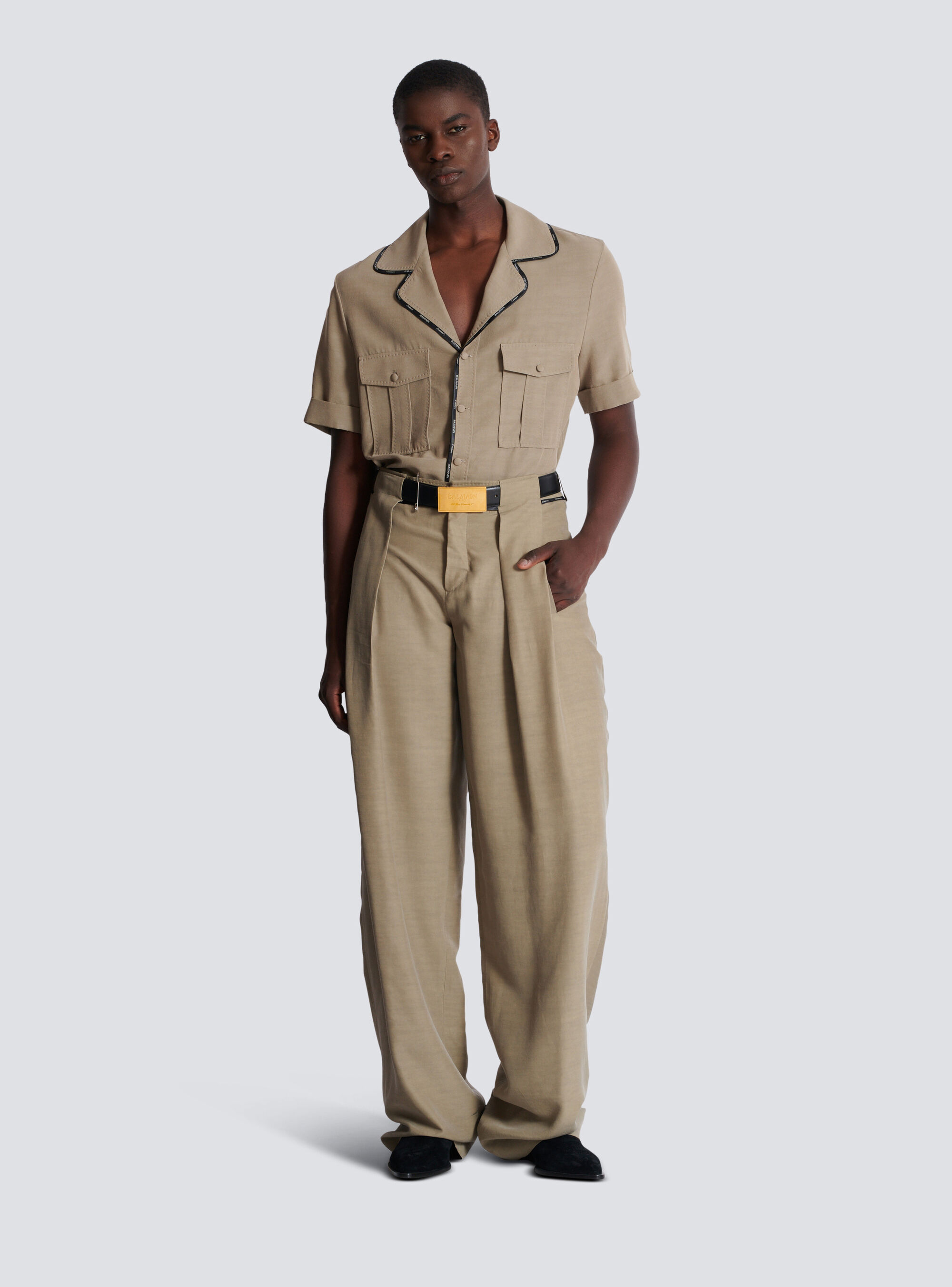 Balmain Men's Taupe Cupro Pleated Pants In Nude