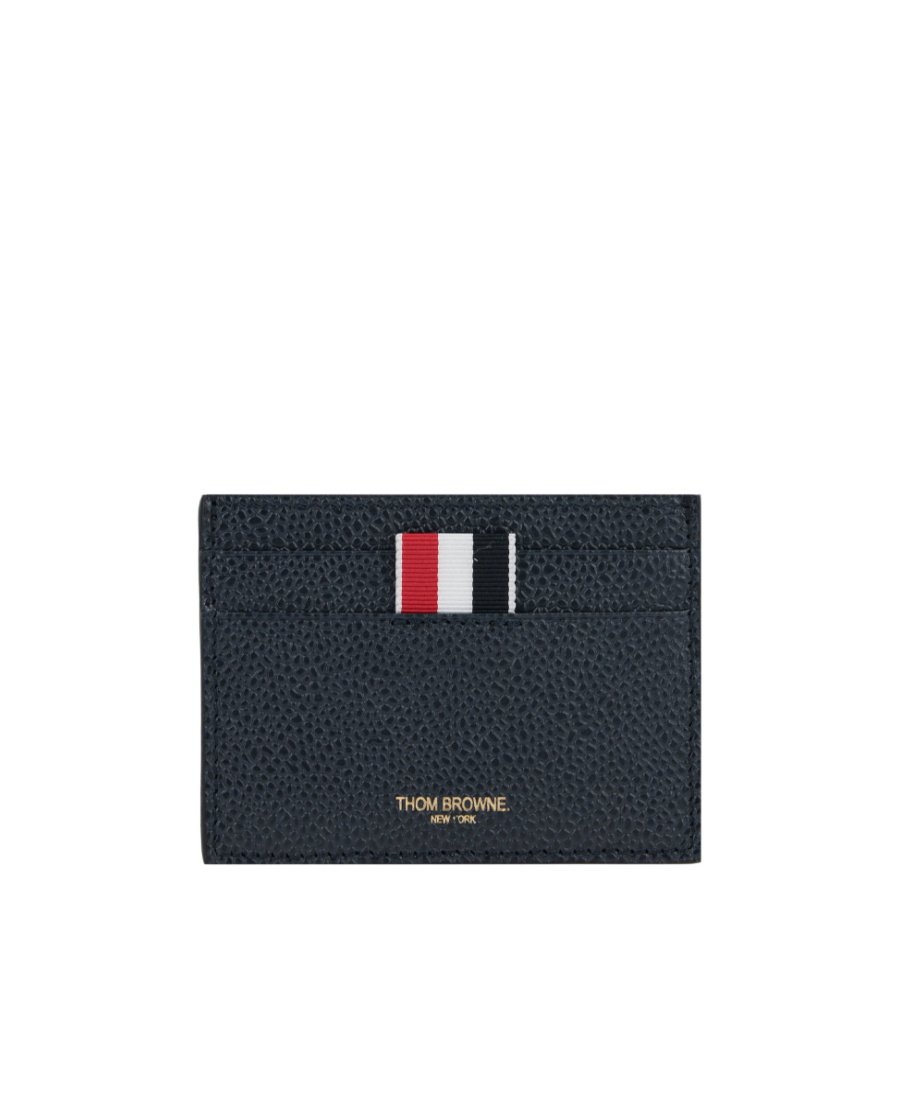 Shop Thom Browne Single Card Holder W/ 4 Bar Applique Stripe In Pebble Grain Leather In Black