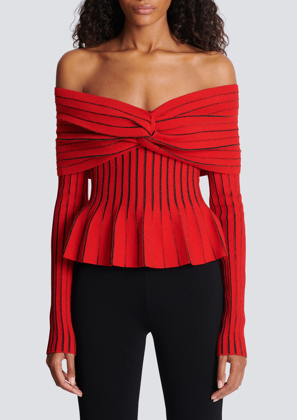 Balmain Off-shoulder Knit Top With Knotted Detail In Red