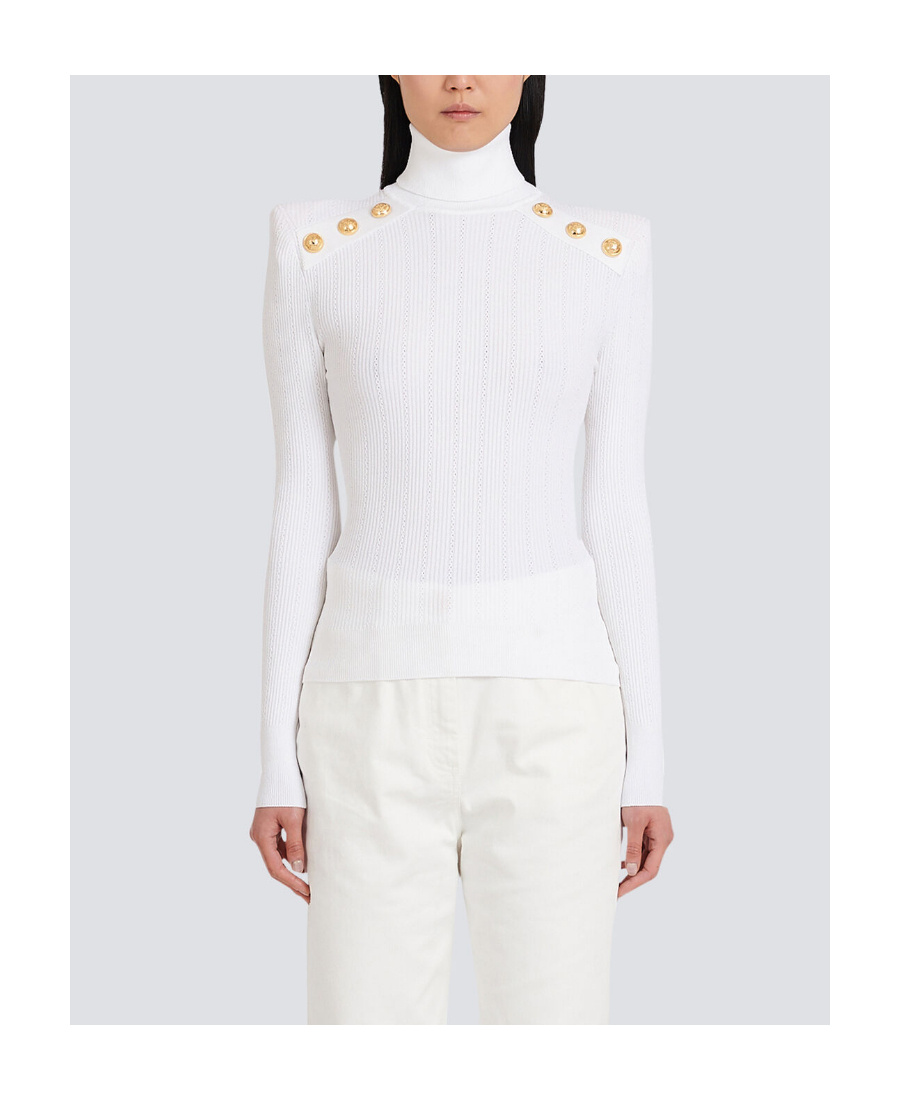 Shop Balmain Knit Sweater With Gold-tone Buttons In White