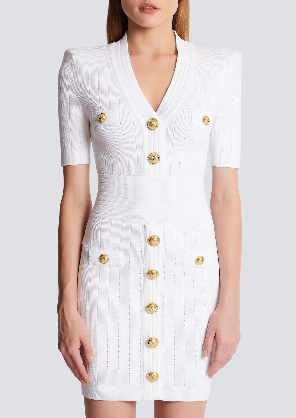 Balmain Button-embellished Ribbed-knit Minidress In White