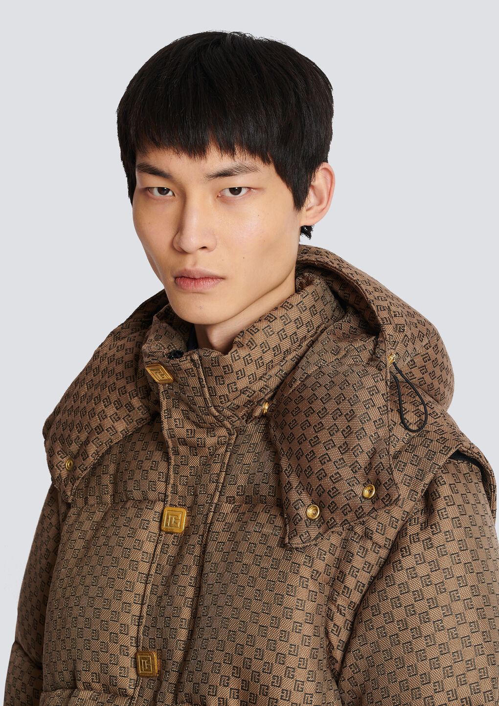 Shop Balmain Mini Monogrammed Down Jacket In Brown