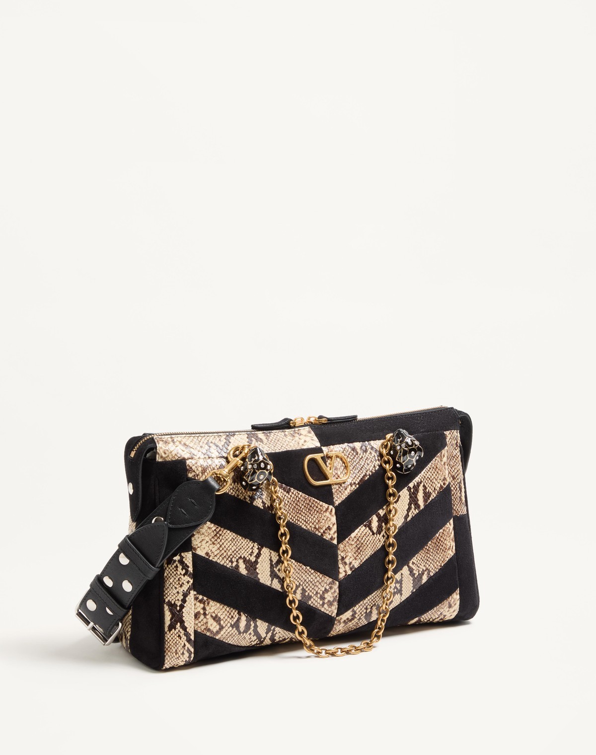 Valentino Garavani Panthea Python And Suede Chevron Motif Shoulder Bag In Black