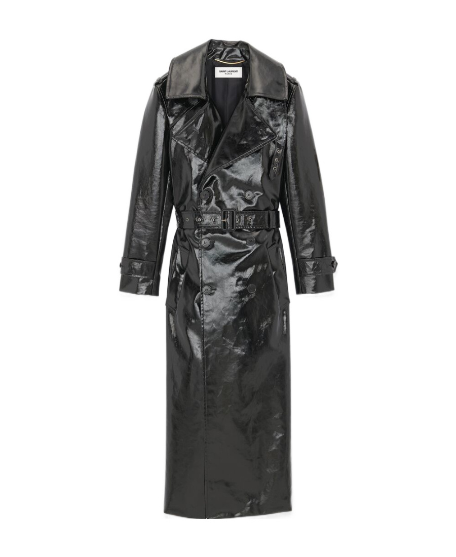 Saint Laurent Patent Double-breasted Coat In Black