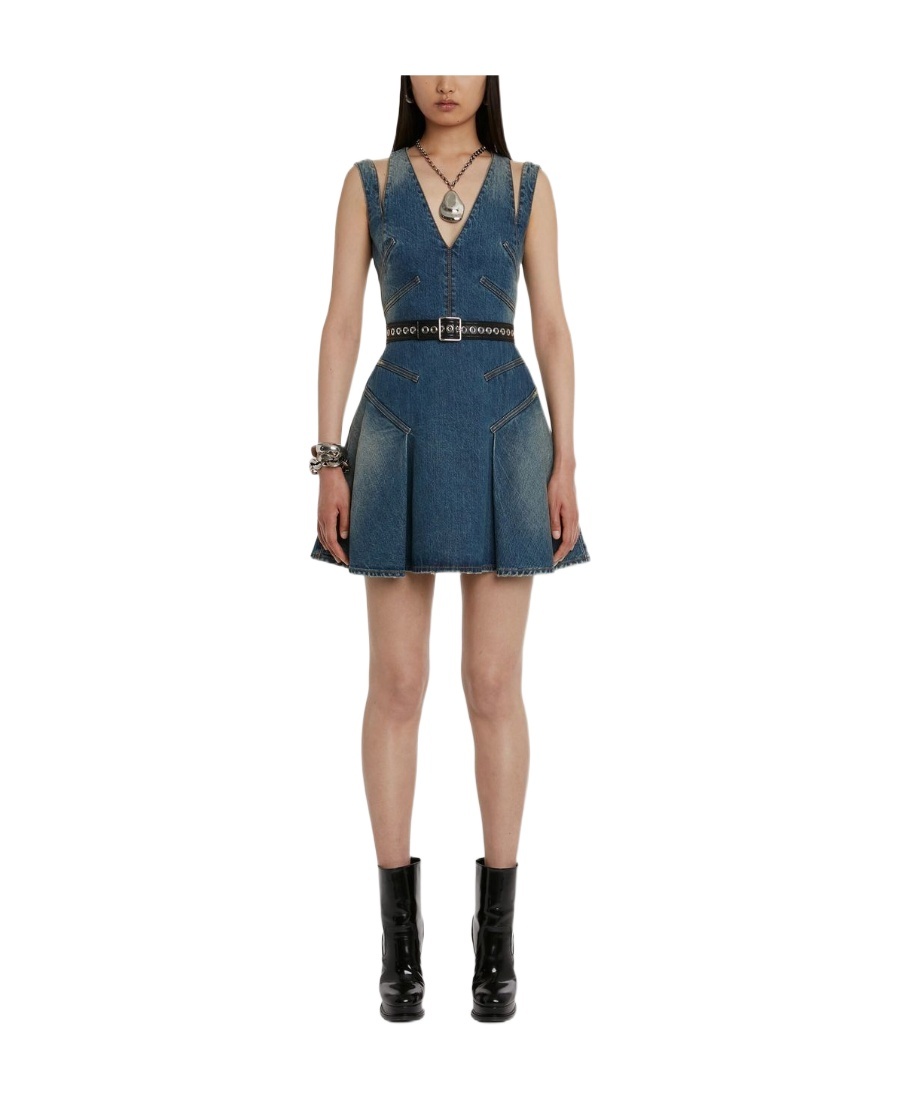 Alexander Mcqueen Blue Mini Dress With Cut-out Detail And Pleated Skirt In Cotton Denim Woman In Blue