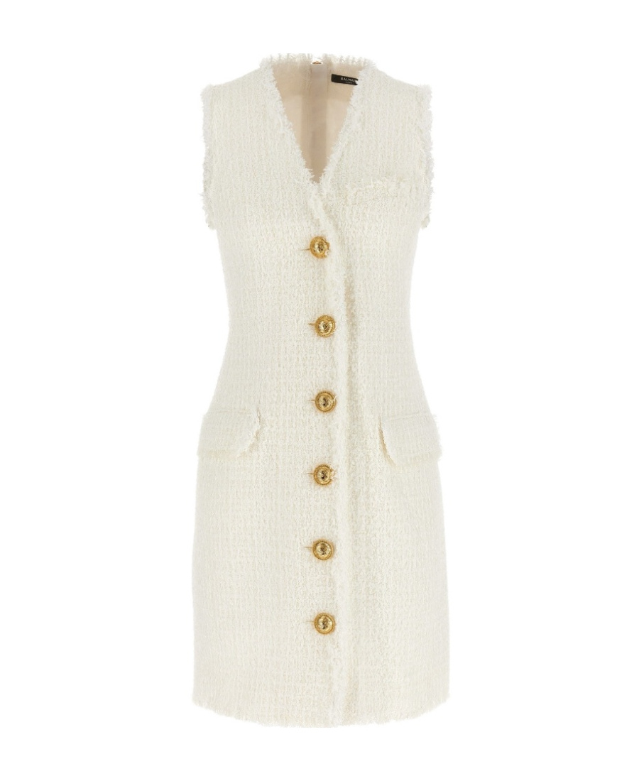 Balmain V-neck Buttoned Tweed Minidress In White