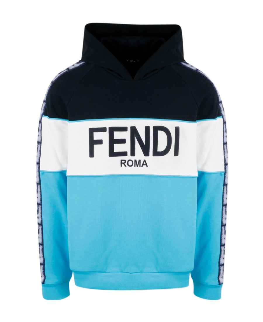 Fendi Logo-print Monogram-band Hoodie In Blue