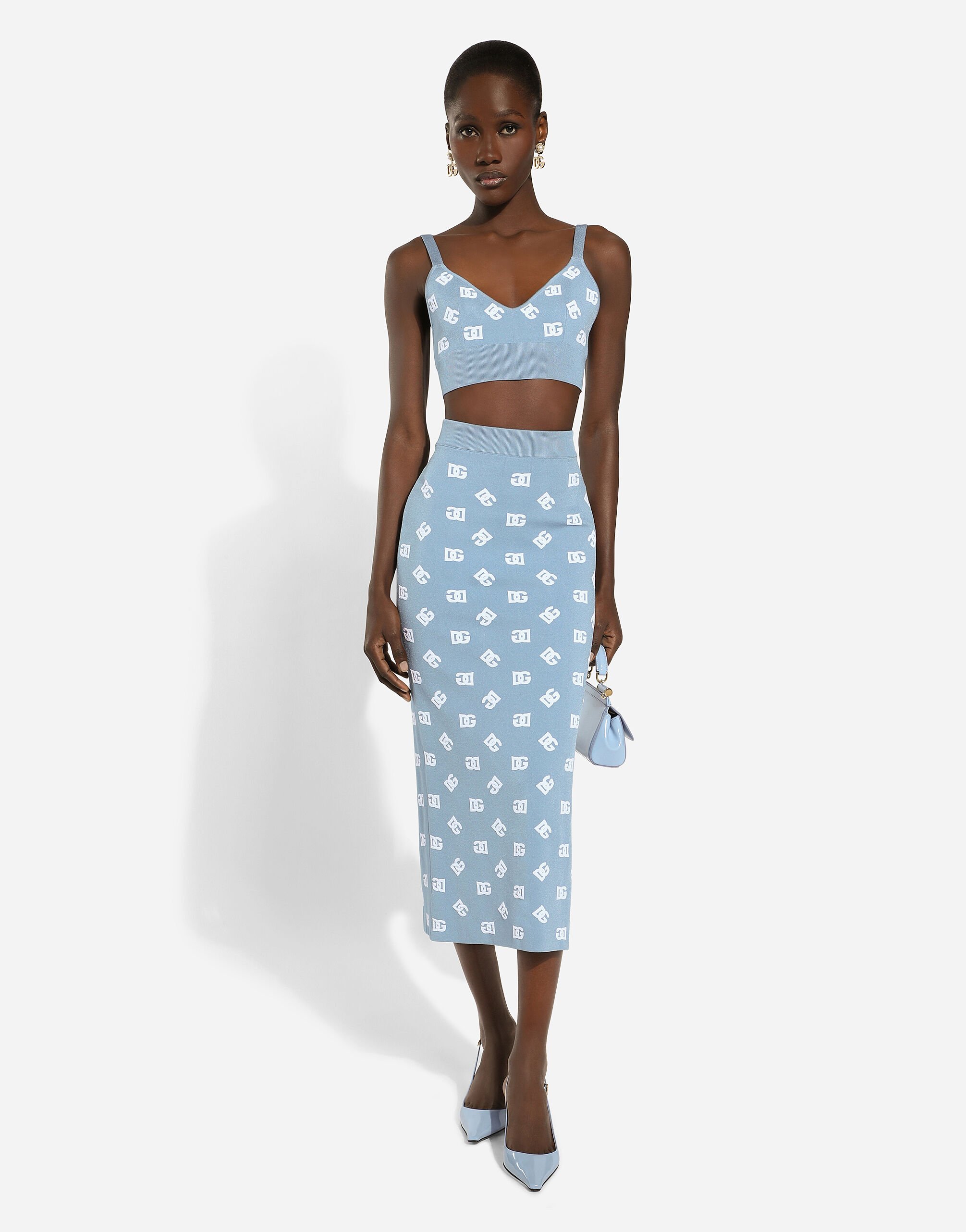 Dolce & Gabbana Jacquard Logo Cropped Top Tops Light Blue In Blue