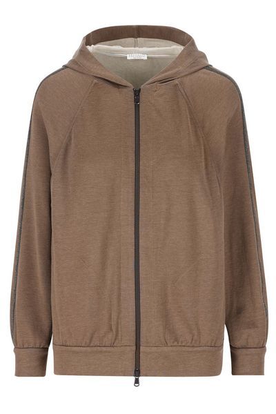 Brunello Cucinelli Hooded Monili Trim Spa Cotton Jacket In Brown