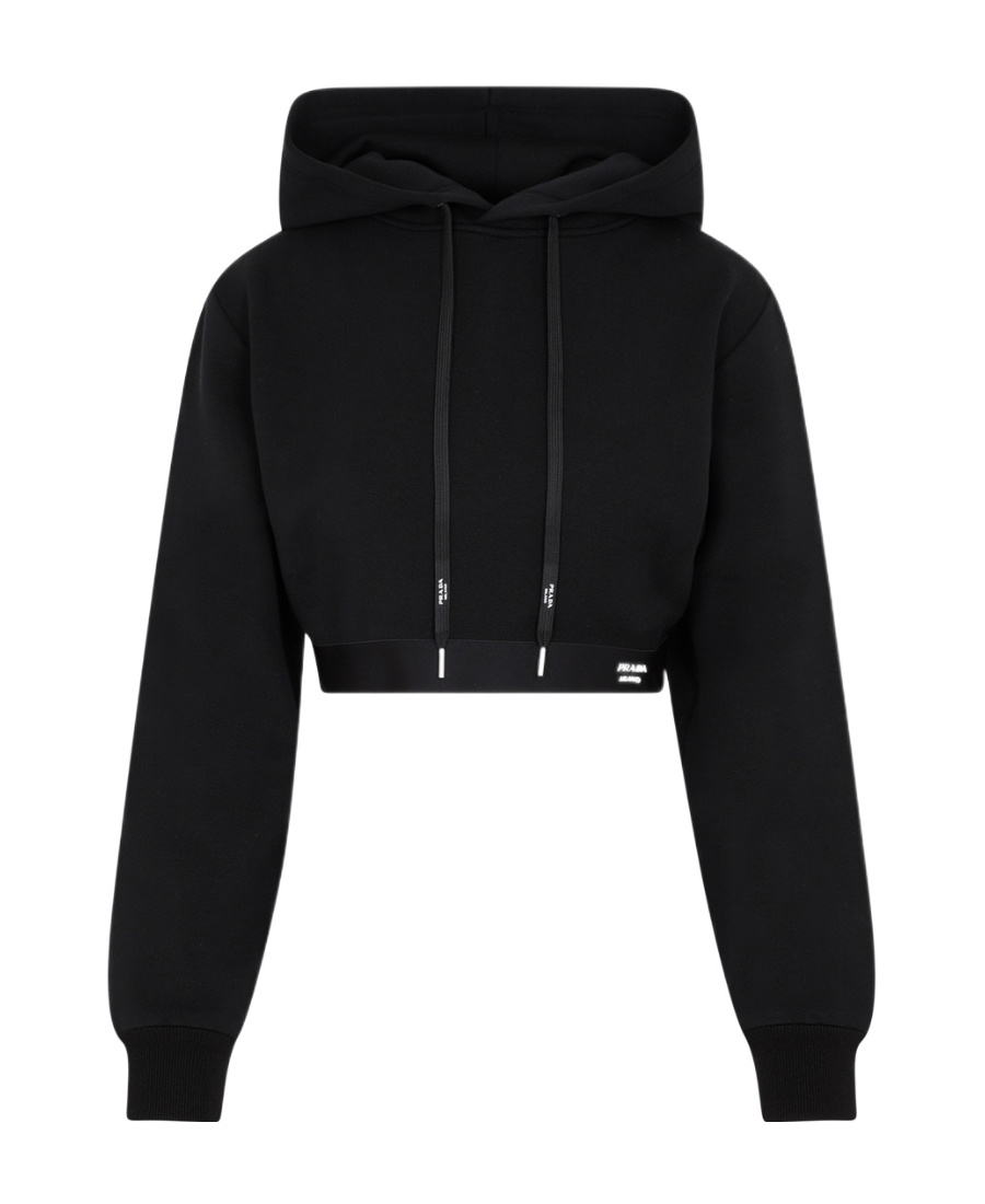 Prada Stretch Cotton Blend Sweater With Cropped Length And Hood In Black