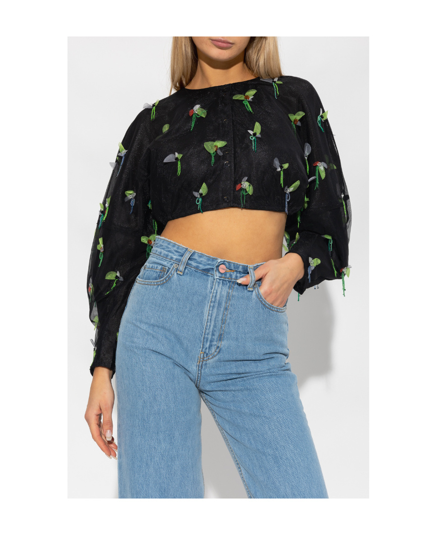 Ganni Bead-embellished Cropped Blouse In Black