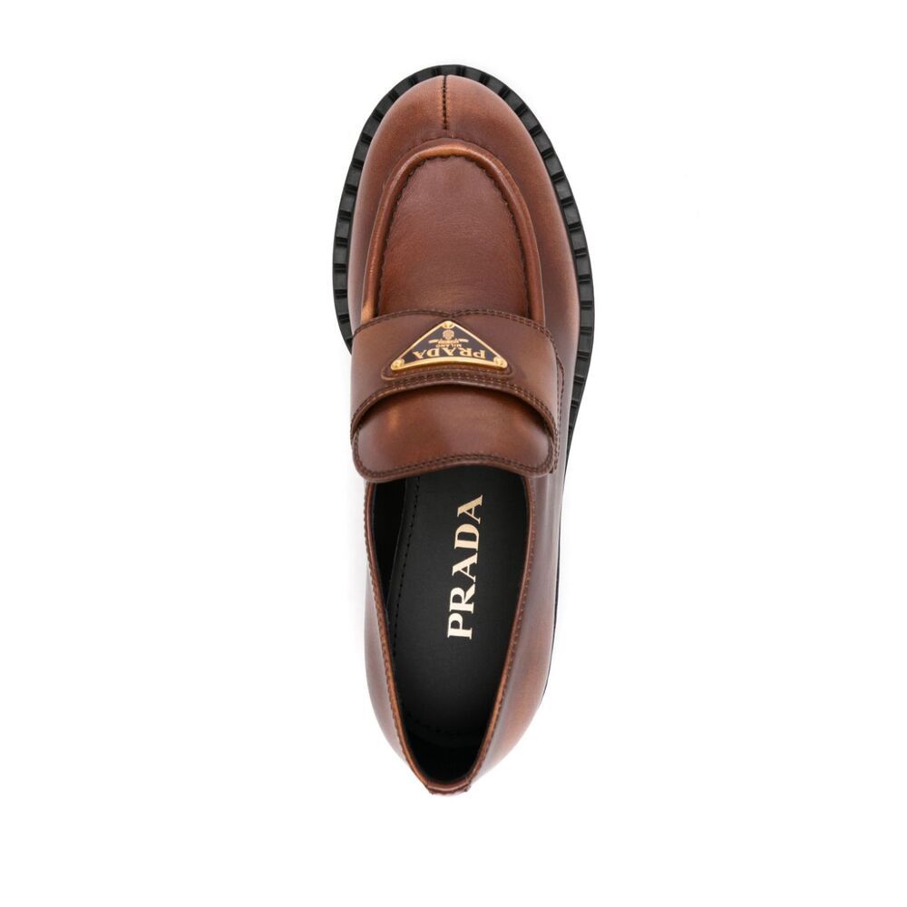 Prada Triangle-logo Leather Loafers In Brown