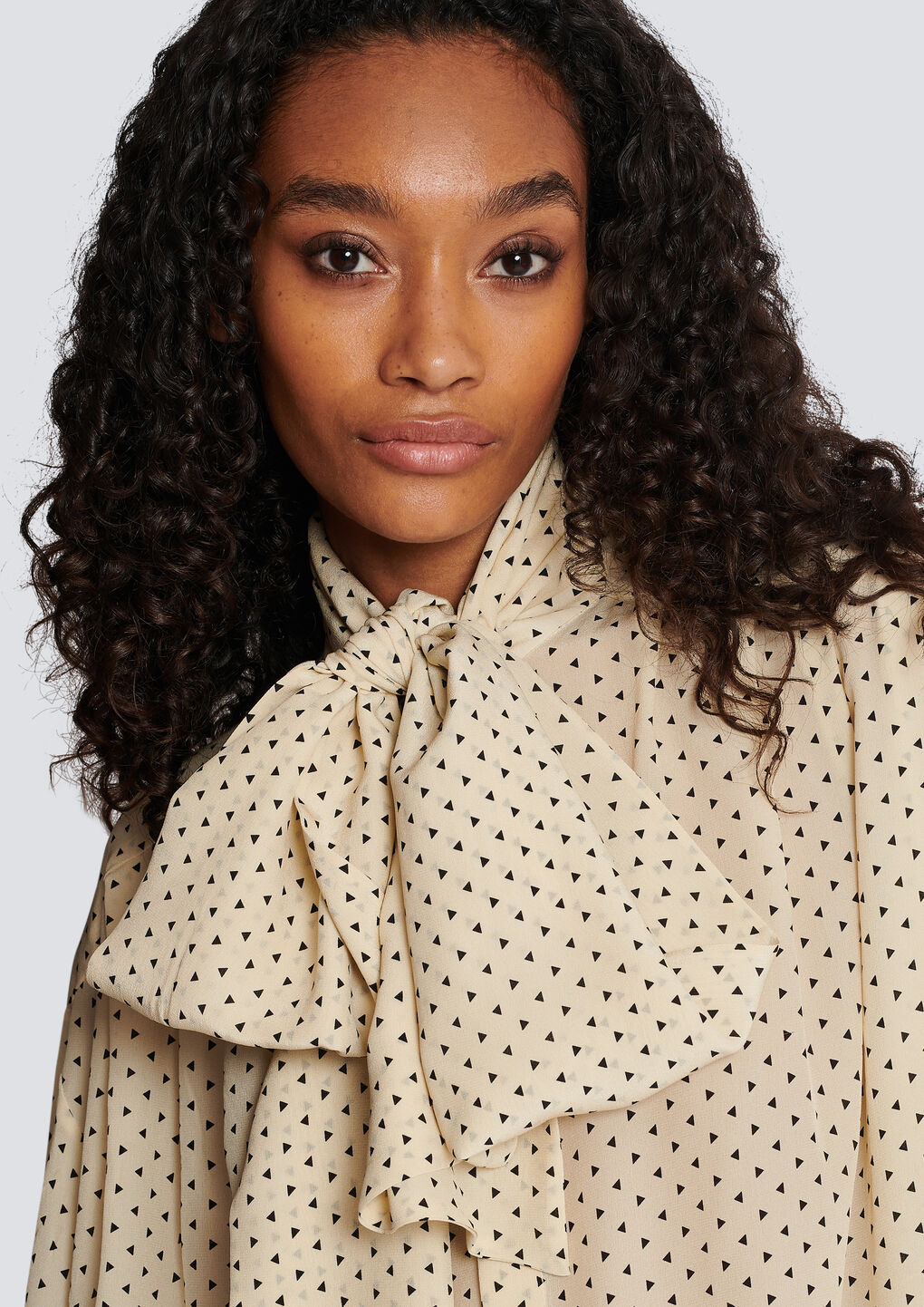 Balmain Printed Pussy Bow Silk Blouse In Nude