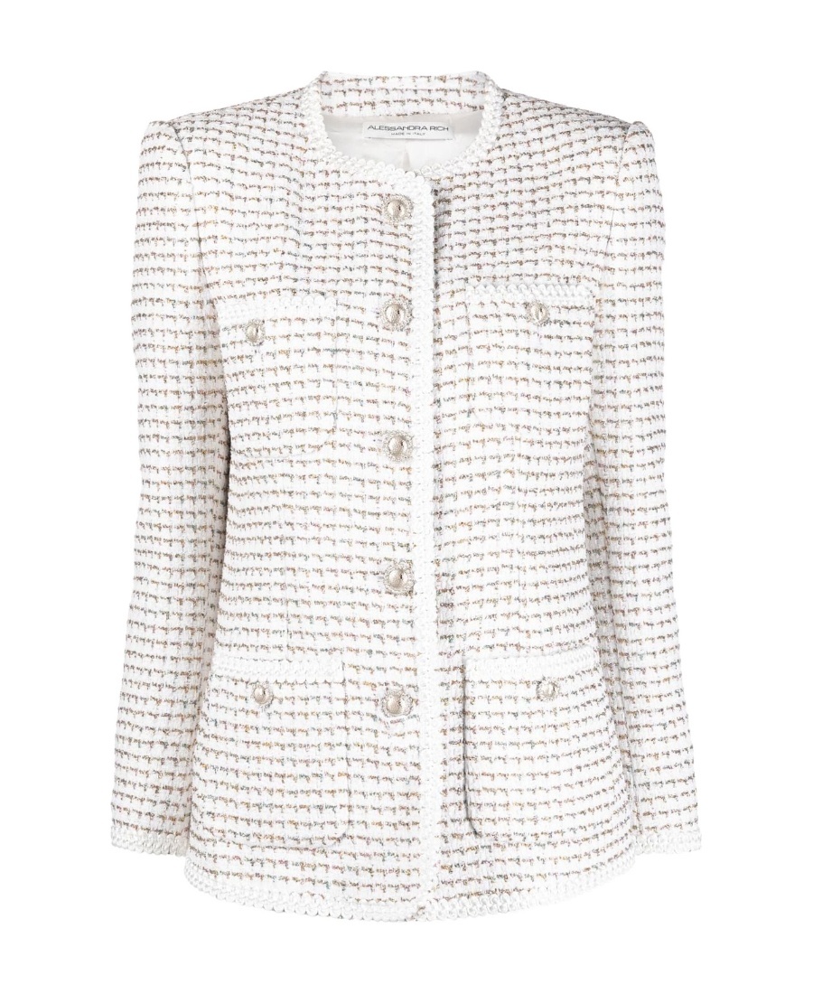 Alessandra Rich Lurex Cotton-blend Tweed Blazer In White