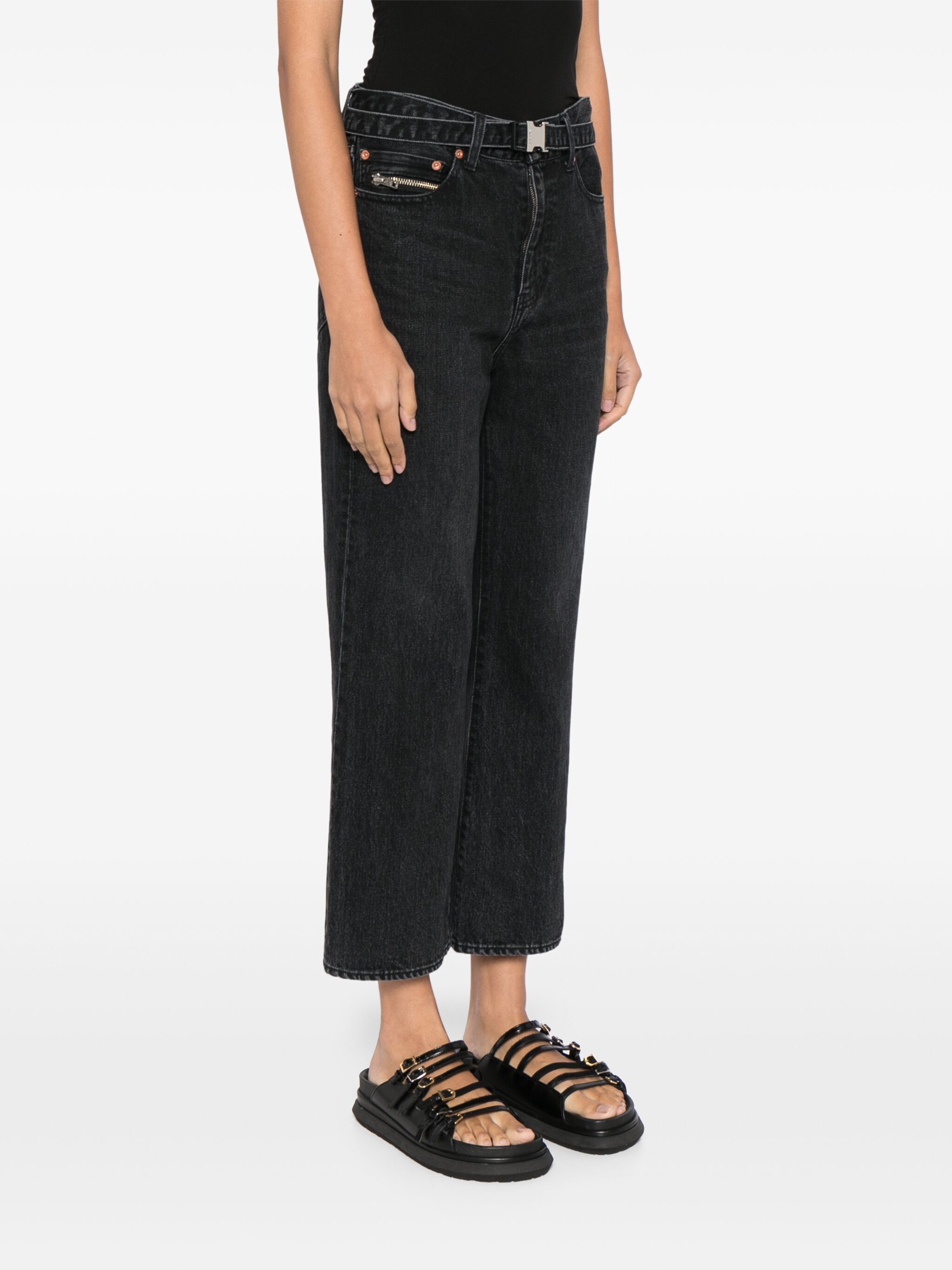 Sacai Belted Crop Bootcut Jeans In Black