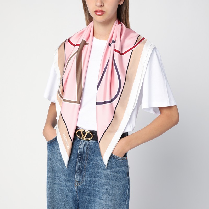 Valentino Pattern Silk Scarf In Pink