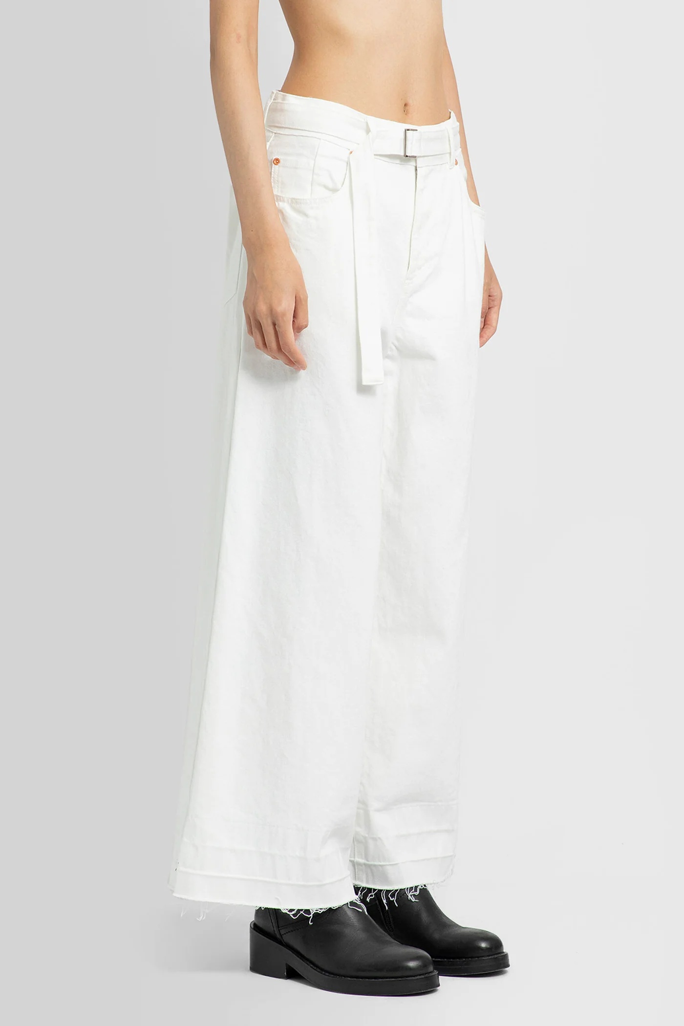 Sacai High-waisted Belted Flared Jeans In White