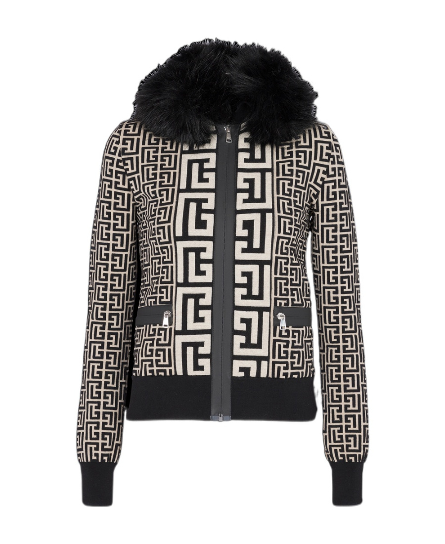 Balmain Monogrammed Knit Jacket With Faux Fur In Black