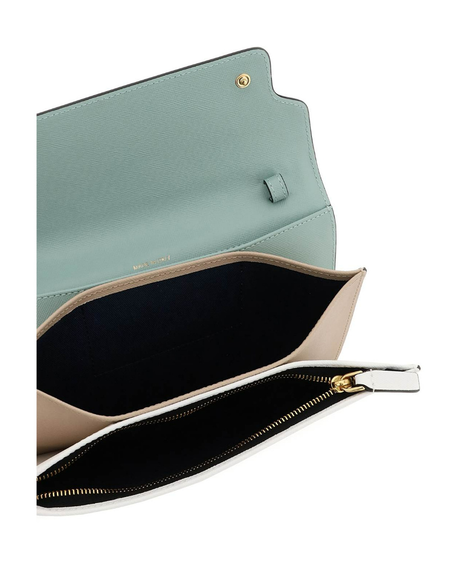 MARNI TRUNK CLUTCH IN LIGHT GREEN WHITE AND BROWN SAFFIANO LEATHER