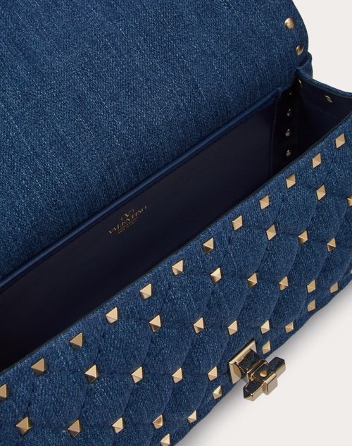 Valentino Rockstud Spike Denim Shoulder Bag In Blue