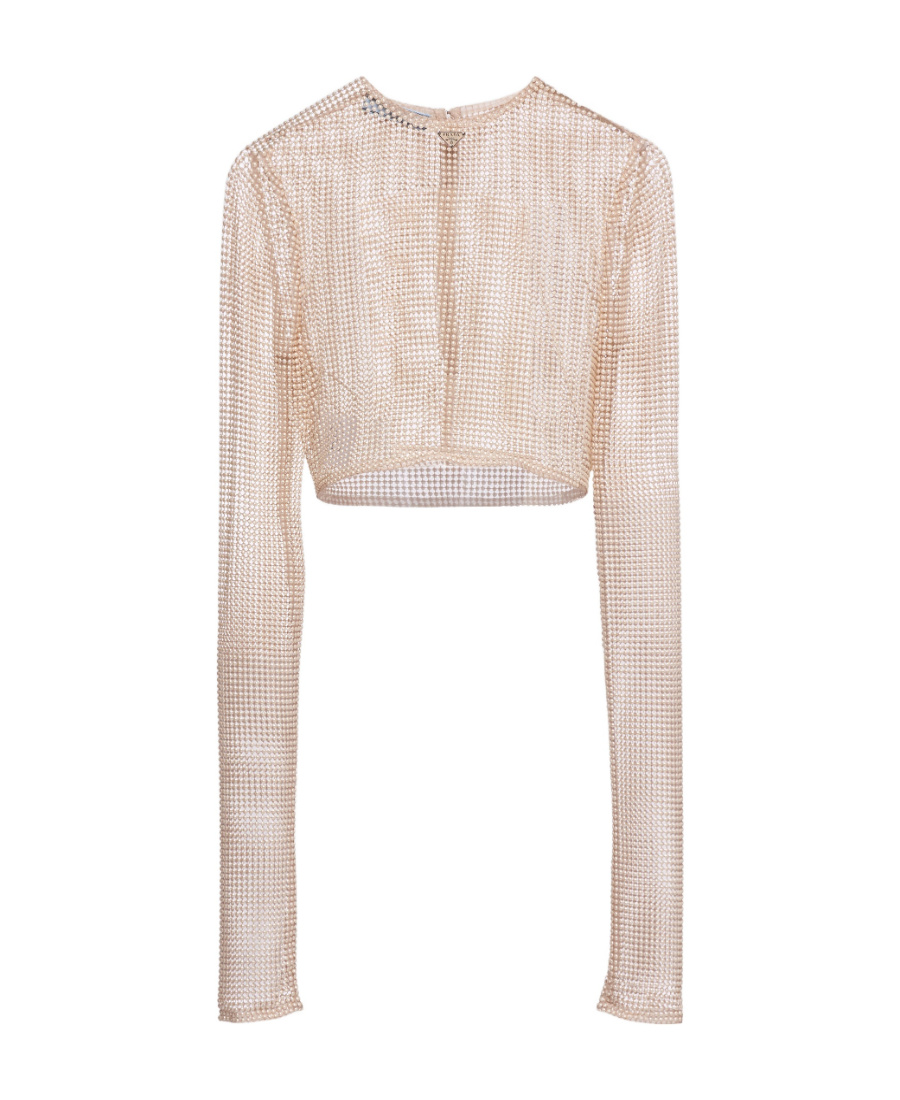 Prada Mesh Top With Embroidered Pearls In Ivory