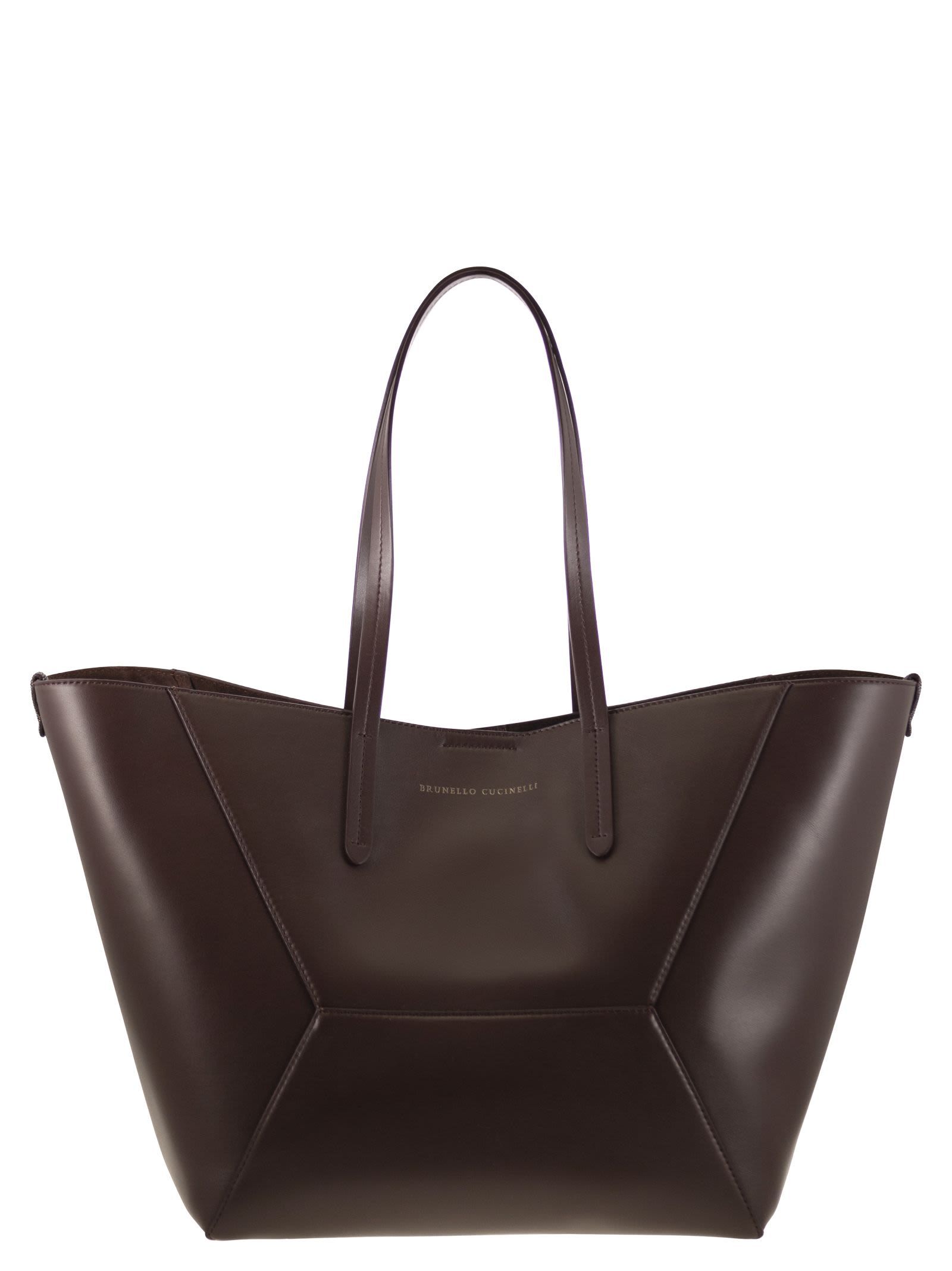 Brunello Cucinelli Geometric Design Leather Tote Bag With Structured Silhouette In Black