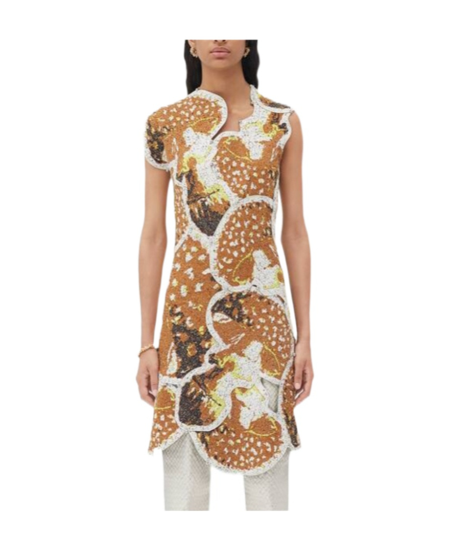 Bottega Veneta Mushroom Patchwork Short-sleeve Dress In Brown