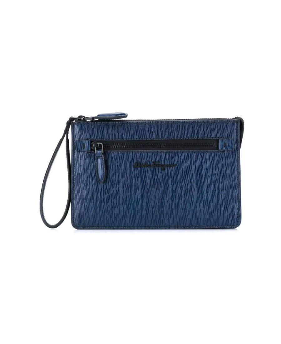 FERRAGAMO NAVY BLUE ZIPPER CLUTCH 