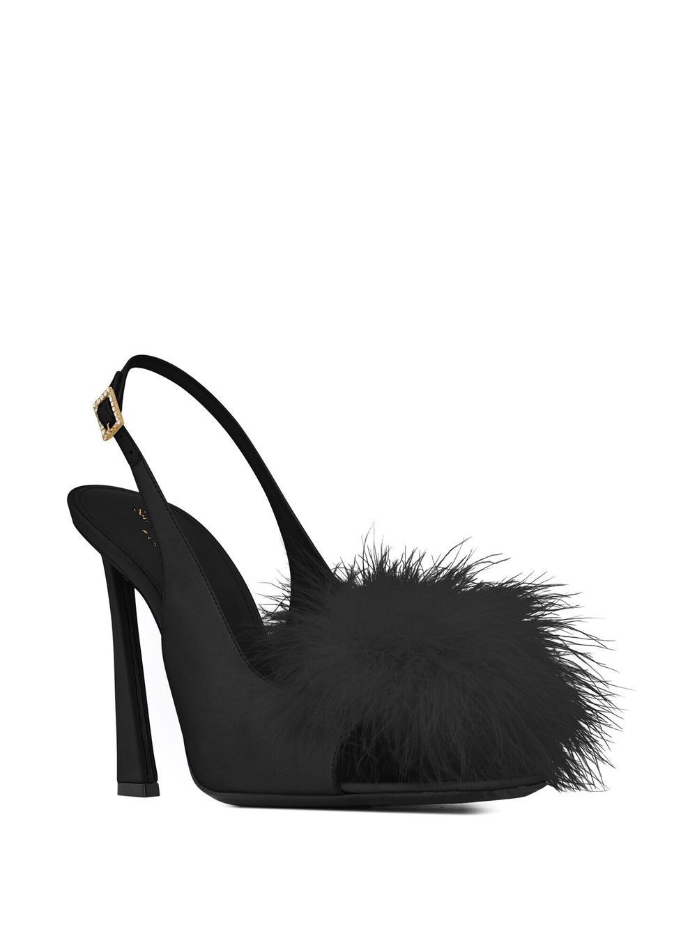 Saint Laurent Mae Slingback Sandals In Crepe Satin With Feathers In Black