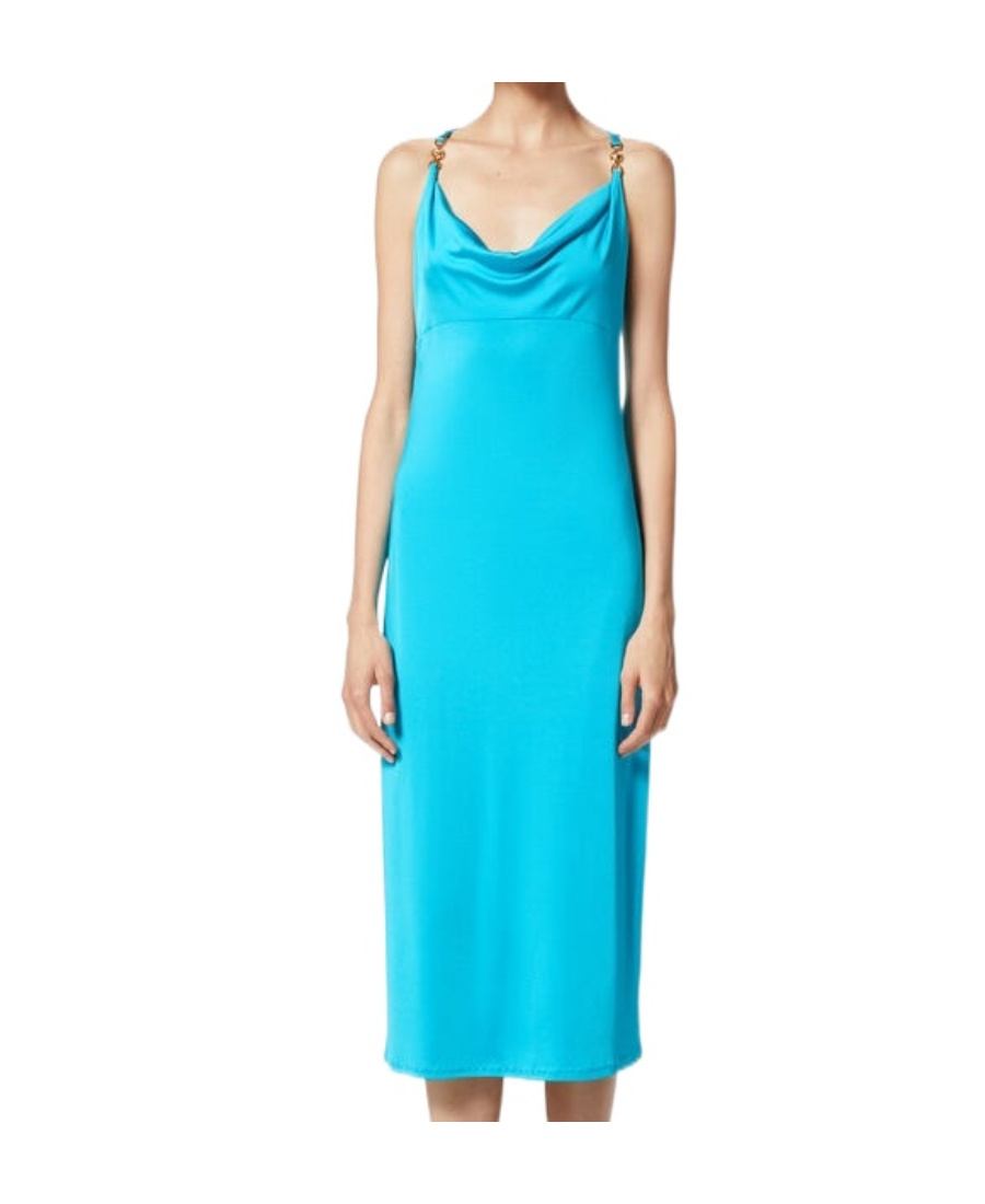 Versace Embellished Draped Metallic Jersey Dress In Blue