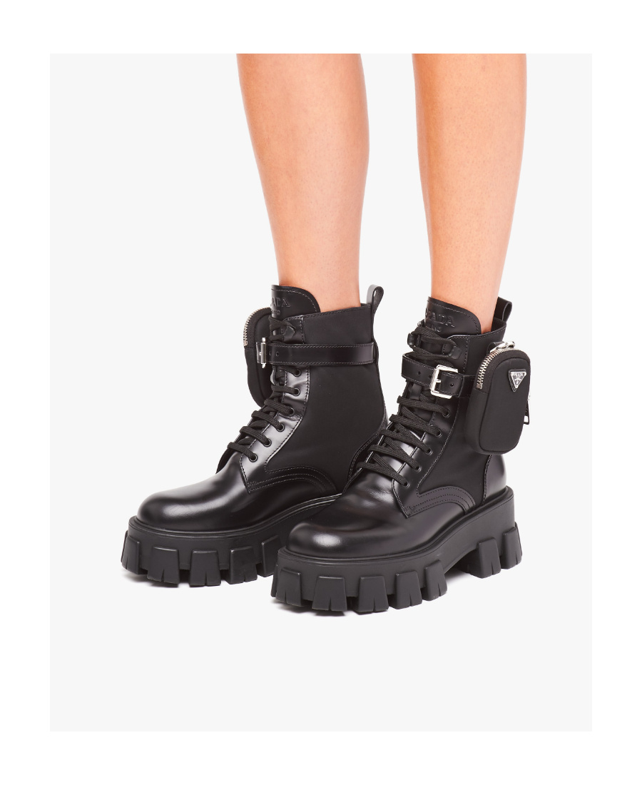 Shop Prada Monolith Leather And Nylon Fabric Boots In Black