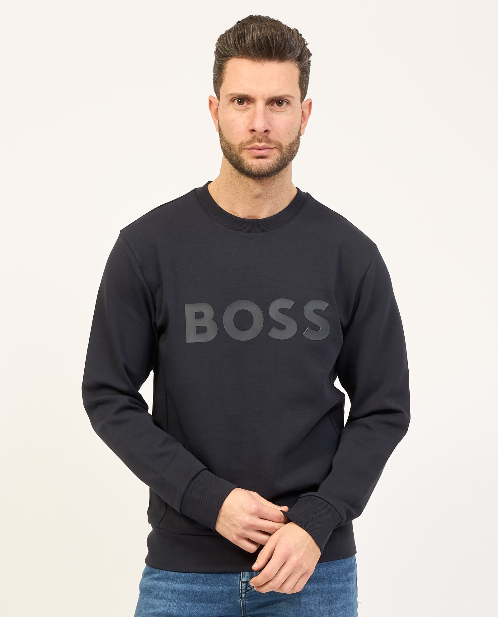Hugo Boss Stretch-cotton Sweatshirt With Sandwich Logo In Black