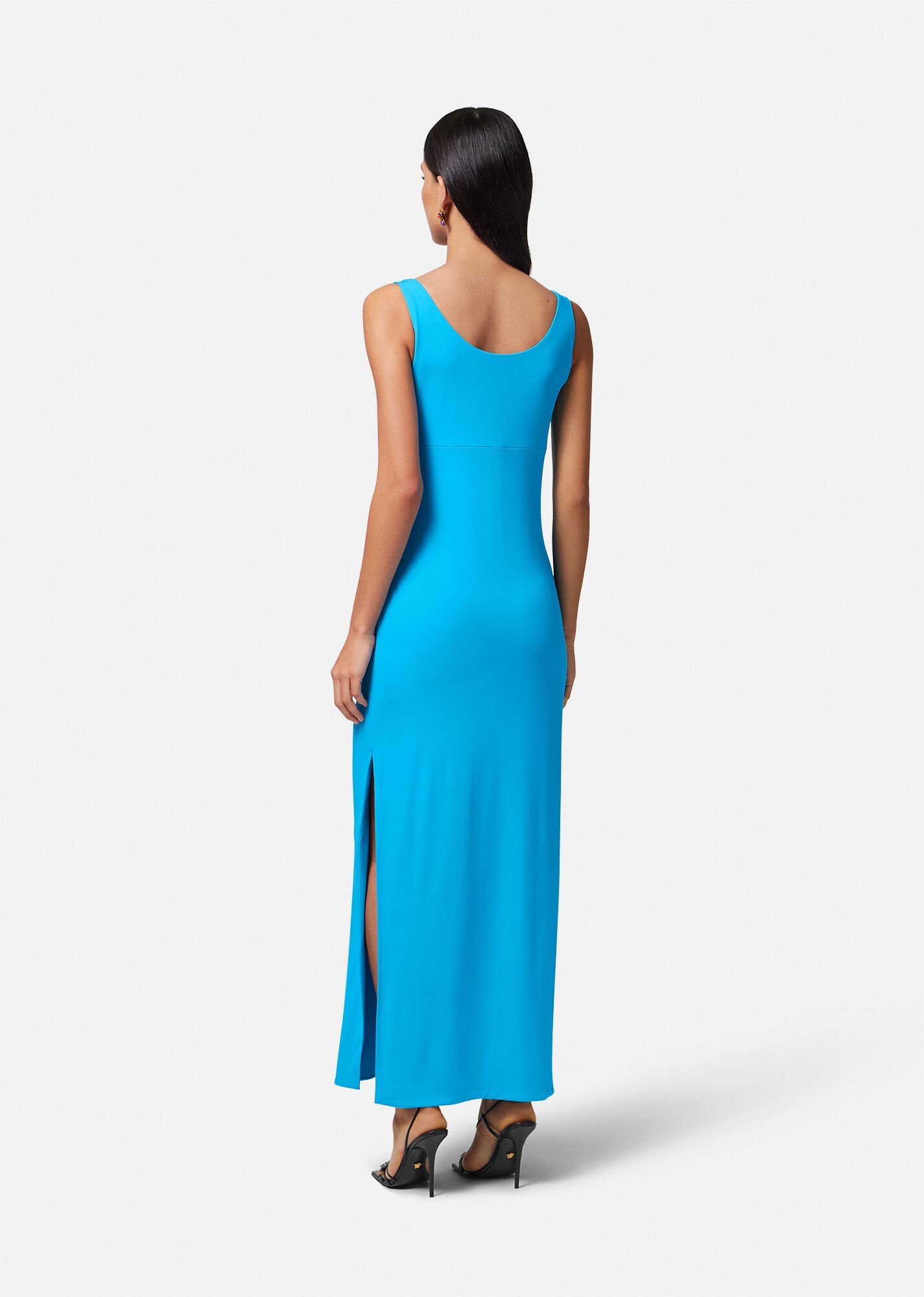 Versace Embellished Draped Metallic Jersey Dress In Blue
